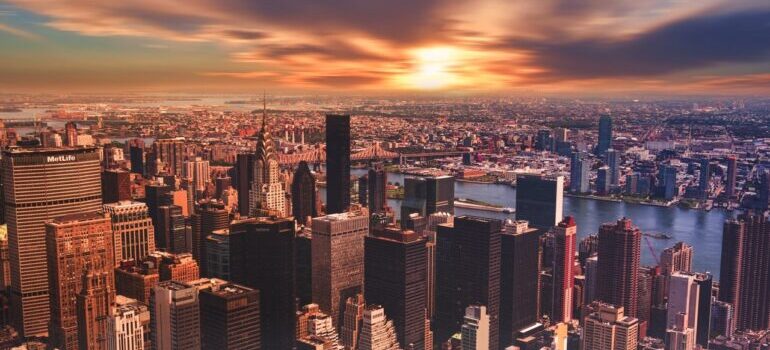 A view of downtown New York City at dusk.