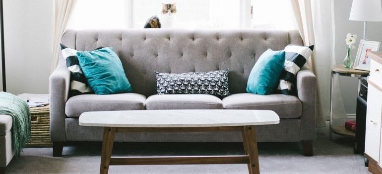 A gray couch with teal pillows, representing furniture moved by movers in Elmhurst NY.