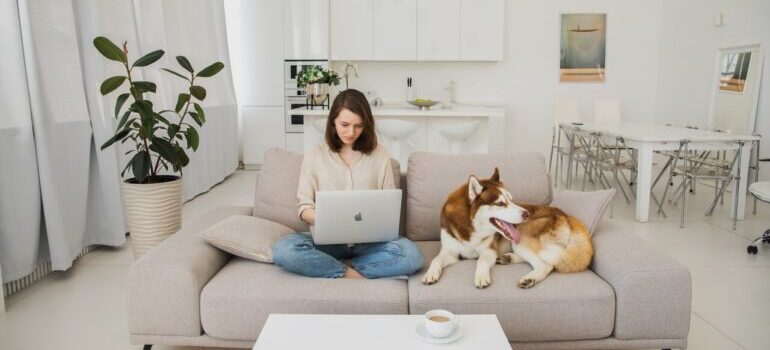 Woman typing on a laptop next to a dog